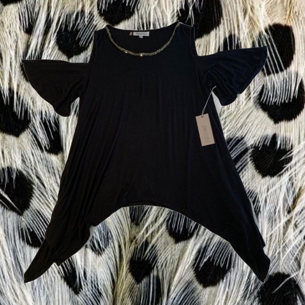 Jennifer Lopez Black Cold-Shouider Top with Sequin-trim Neckline